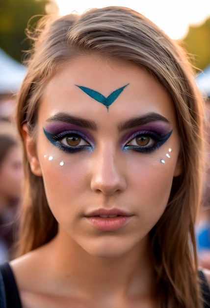 Mulher de frente com look de festival e maquiagem