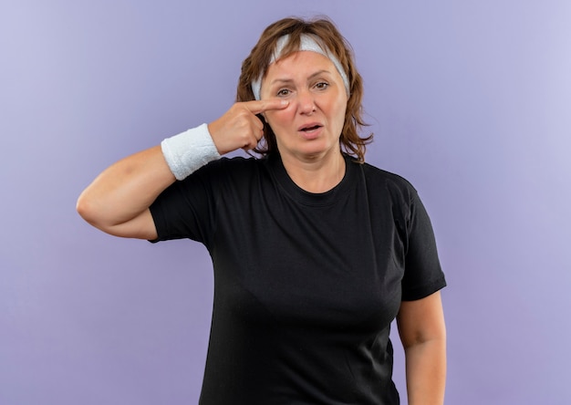 Mulher de meia-idade, esportiva, com uma camiseta preta e uma faixa na cabeça apontando com o dedo no nariz, parecendo confusa em pé sobre uma parede azul
