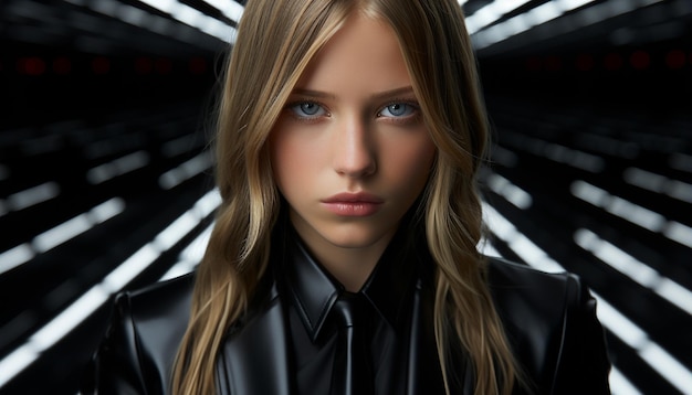 Mulher de negócios adulta jovem com cabelos loiros olhando para uma câmera gerada por inteligência artificial