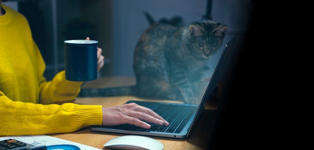Mulher de negócios asiática tomando café e usando um laptop na mesa dele à noite. trabalhando o conceito de horas extras.