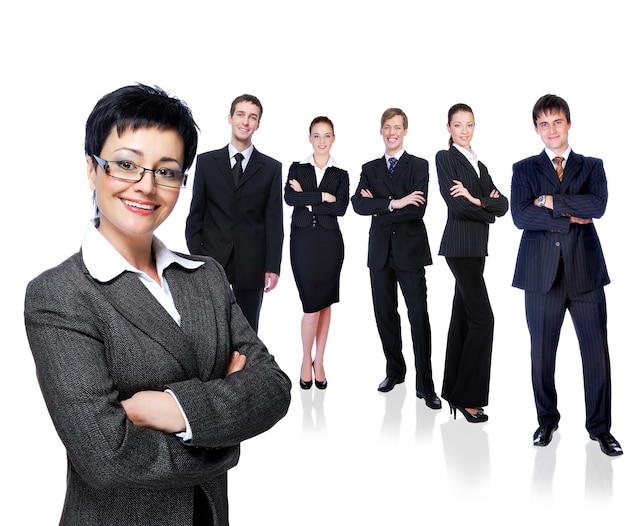 Foto grátis mulher de negócios bem-sucedida com grupo de trabalho - isolado no branco.