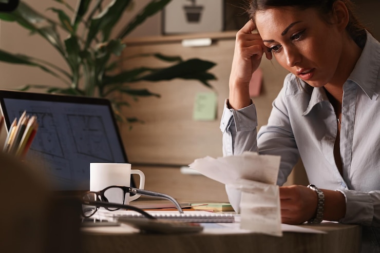 Foto grátis mulher de negócios preocupada com dívidas financeiras e analisando contas enquanto trabalha no escritório