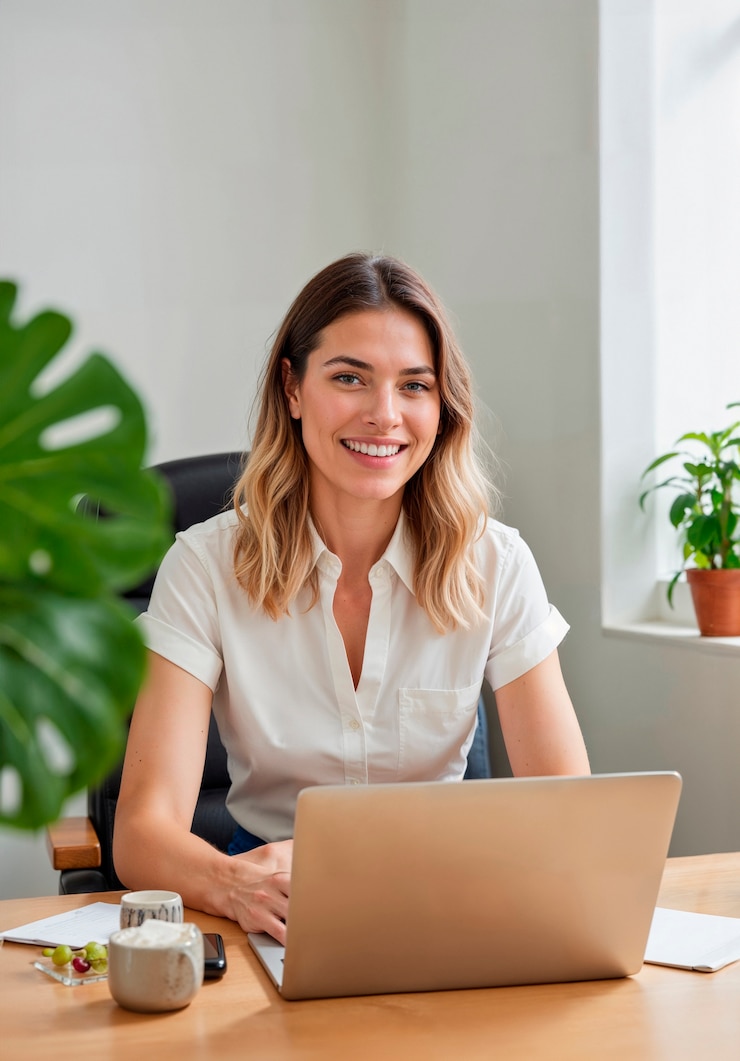 Foto grátis mulher de negócios sorridente a trabalhar num portátil