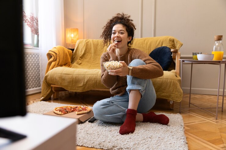 Foto grátis mulher de tiro completo assistindo tv