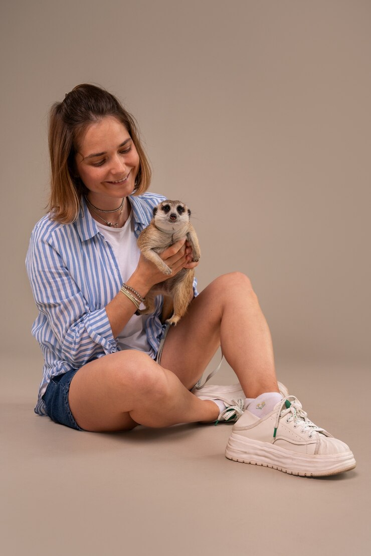 Foto grátis mulher de tiro completo segurando suricato