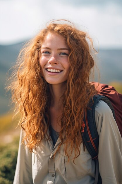 Mulher de tiro médio a divertir-se ao ar livre.