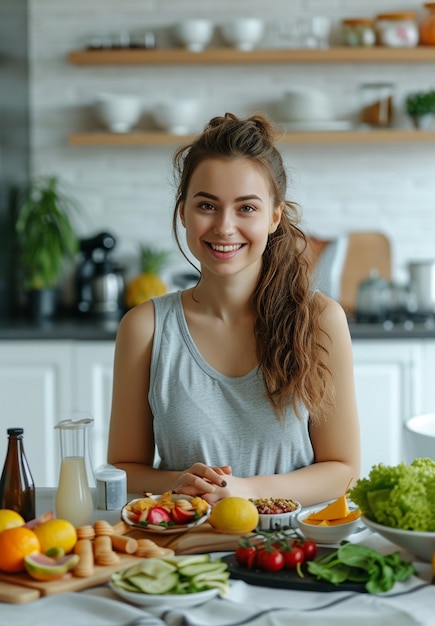 Mulher de tiro médio com comida saudável