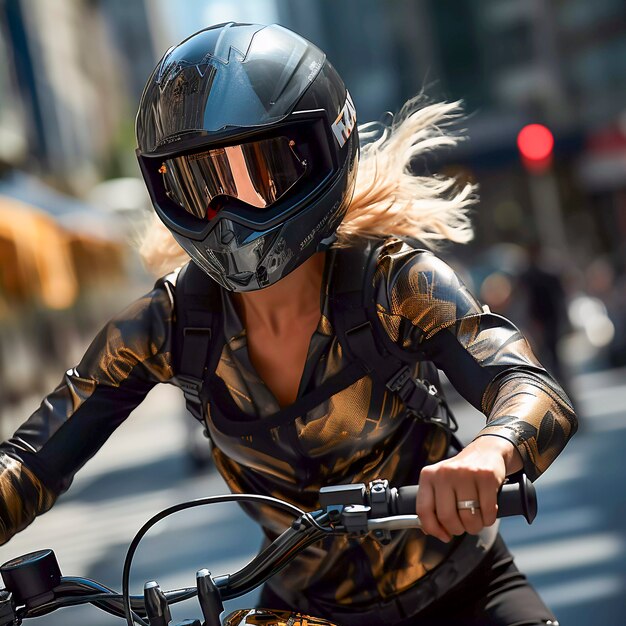 Mulher de tiro médio com motocicleta