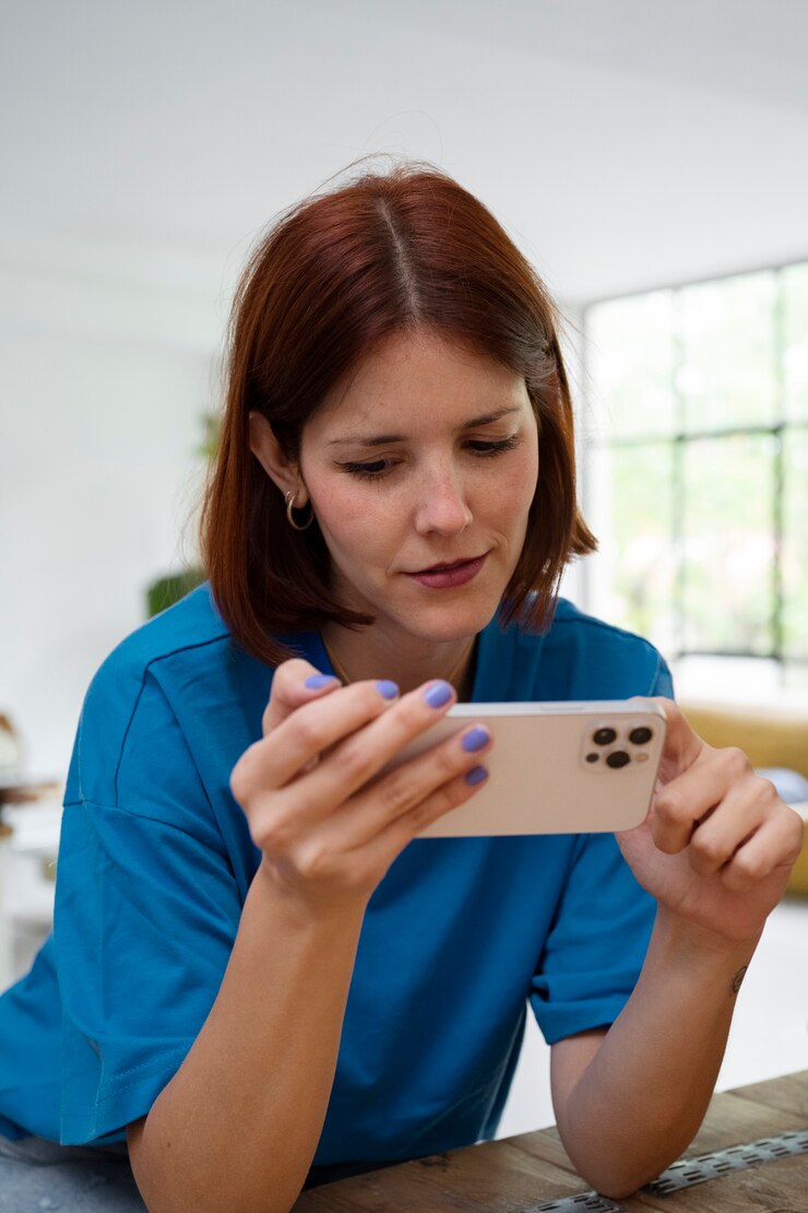 Foto grátis mulher de tiro médio olhando para o telefone