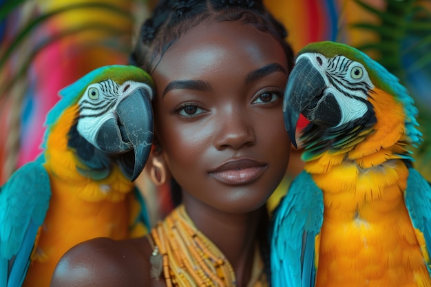 Mulher de tiro médio posando com papagaio