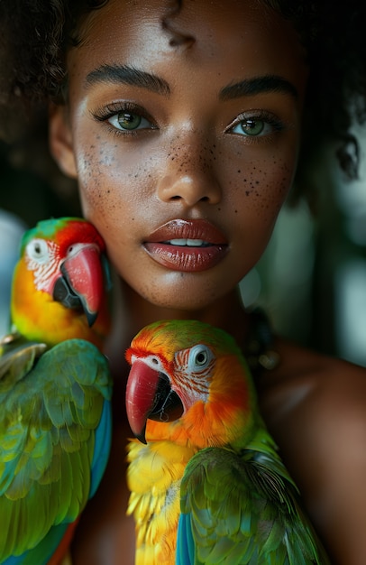 Mulher de tiro médio posando com papagaio