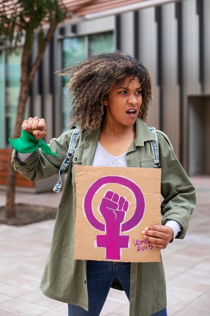 Mulher de tiro médio protestando ao ar livre