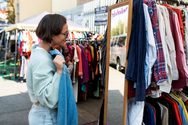 Mulher de tiro médio segurando a camisa