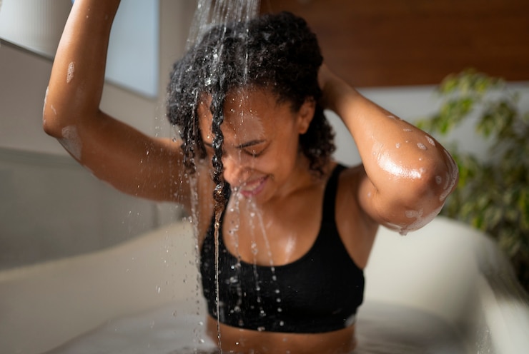 Foto grátis mulher de tiro médio tomando banho