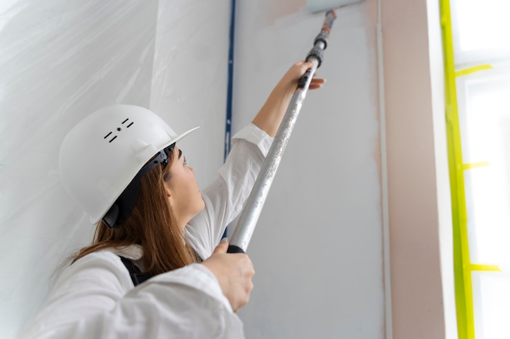 Foto grátis mulher de tiro médio trabalhando com rolo de pintura