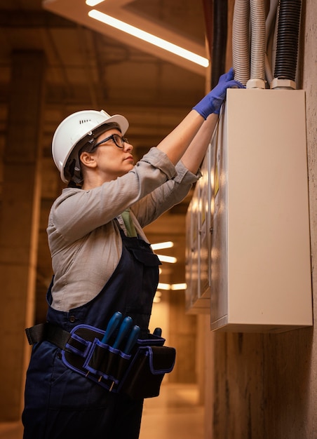 Mulher de tiro médio trabalhando no painel