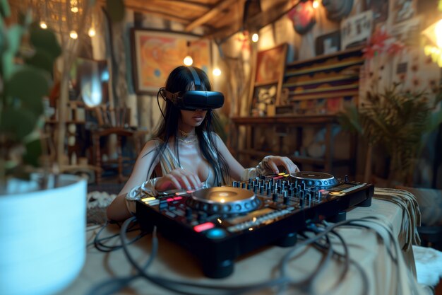 Mulher de tom médio a fazer dj com óculos vr.