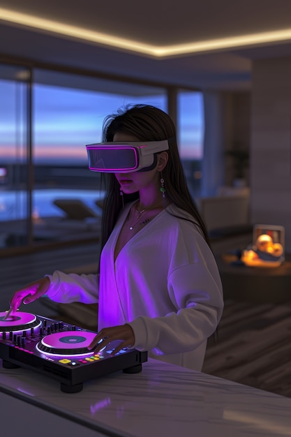 Foto grátis mulher de tom médio a fazer dj com óculos vr.