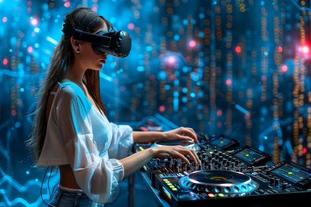 Foto grátis mulher de tom médio a fazer dj com óculos vr.