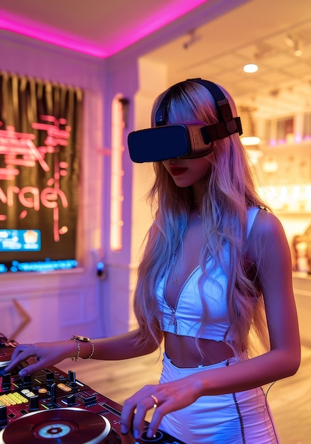 Foto grátis mulher de tom médio a fazer dj com óculos vr.