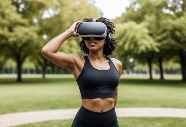 Mulher de tom médio fazendo fitness com óculos VR