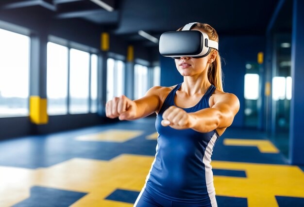 Mulher de tom médio fazendo fitness com óculos VR