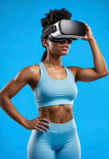 Mulher de tom médio fazendo fitness com óculos VR