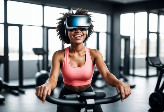 Mulher de tom médio fazendo fitness com óculos VR