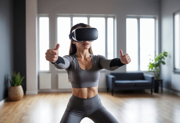 Mulher de tom médio fazendo fitness com óculos VR