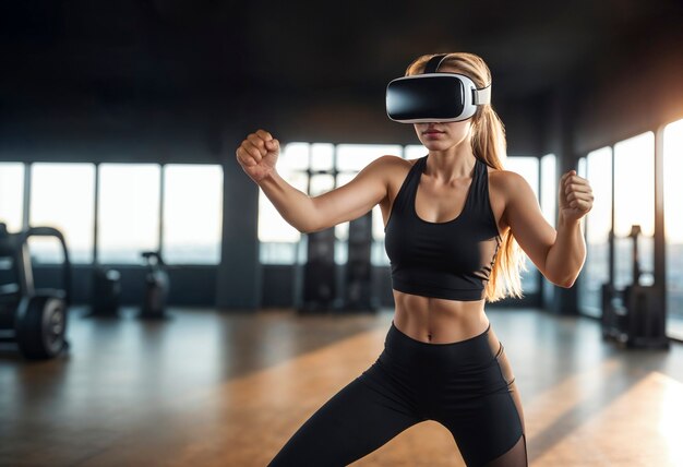 Mulher de tom médio fazendo fitness com óculos VR