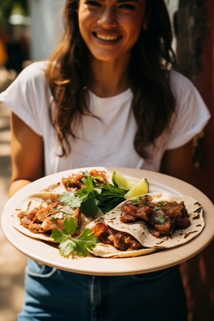 Foto grátis mulher de vista frontal com deliciosos tacos