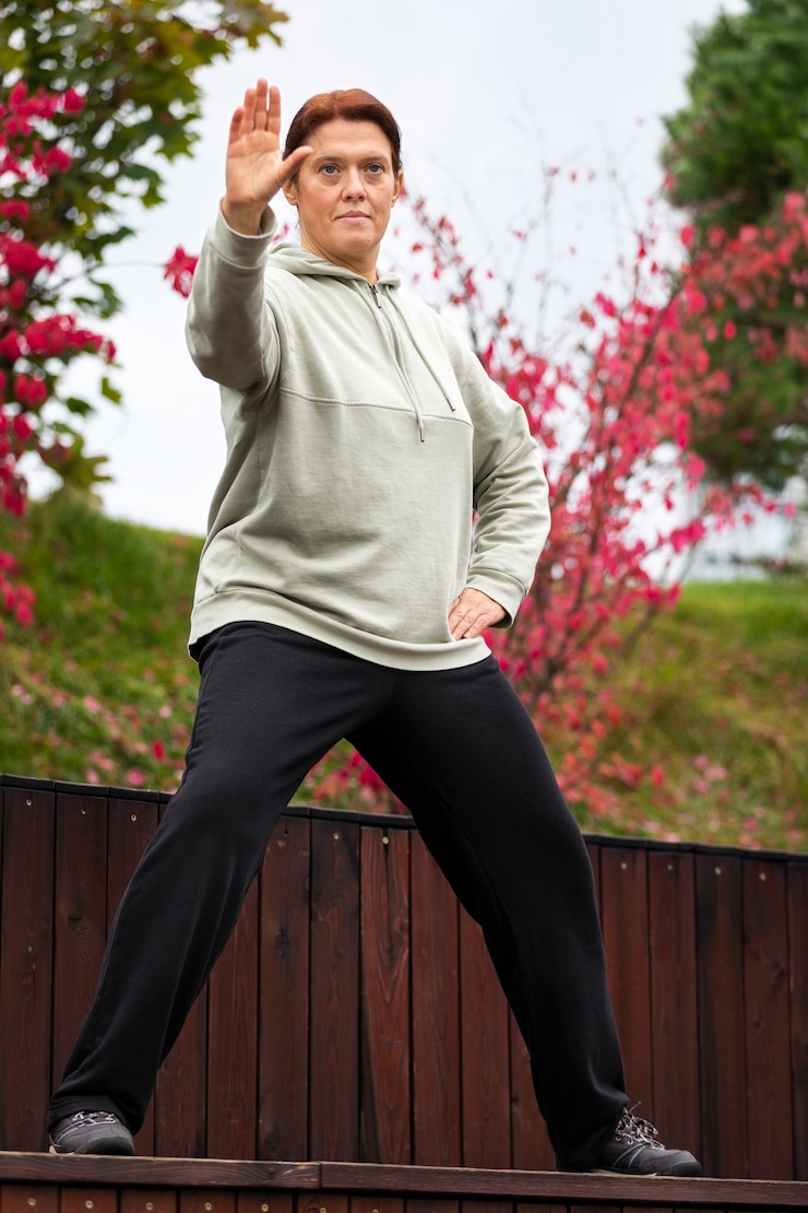 Foto grátis mulher de vista frontal praticando tai chi ao ar livre