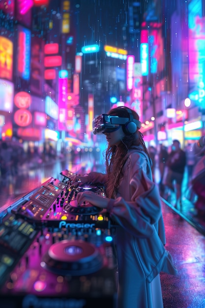 Foto grátis mulher de vista lateral djing com óculos de realidade aumentada