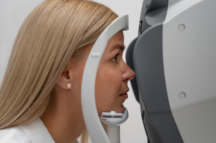 Foto grátis mulher de vista lateral examinando os olhos