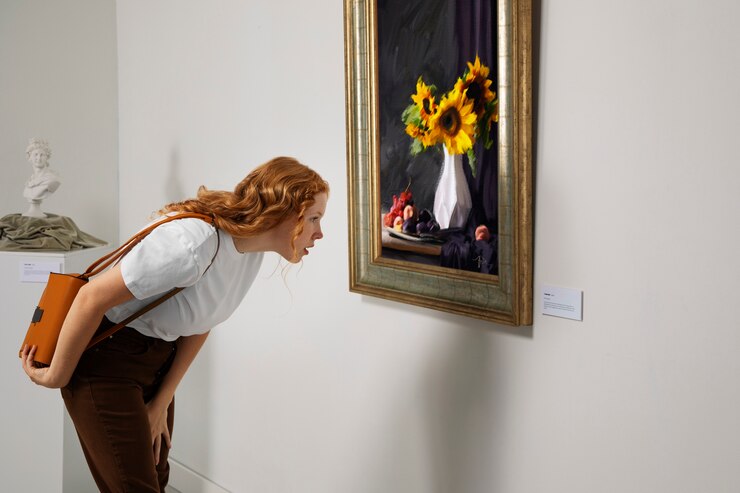 Foto grátis mulher de vista lateral lendo sobre pintura