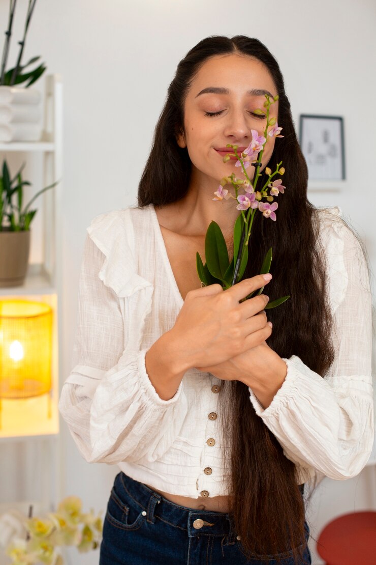 Foto grátis mulher decorando sua casa com uma flor de orquídea