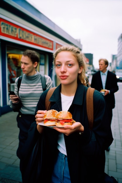 Foto grátis mulher desfrutando de uma refeição de hambúrguer