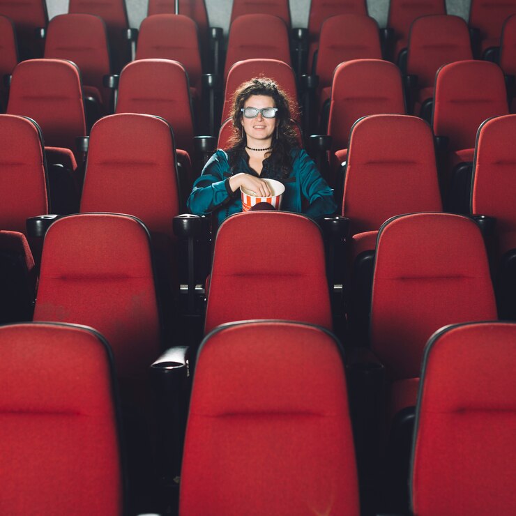 Foto grátis mulher, desfrutando, filme, em, vazio, auditório
