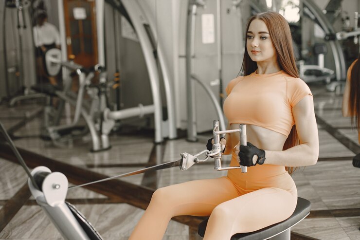 Foto grátis mulher desportiva treinando suas costas com máquina de peso. usando fantasia laranja.