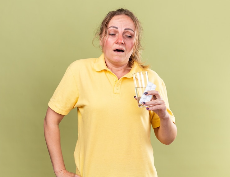 Foto grátis mulher doente de camisa amarela se sentindo péssima segurando um copo d'água e comprimidos contra a gripe indo espirrar em pé sobre a parede verde