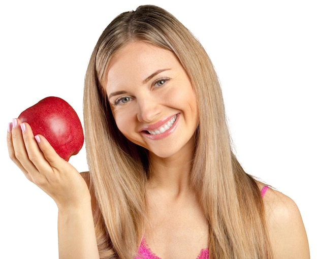 Mulher e maçã vermelha isoladas sobre fundo branco