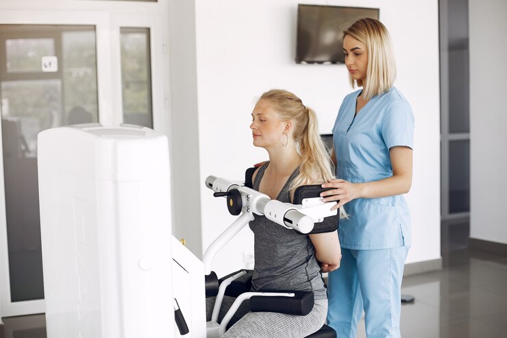 Foto grátis mulher em fisioterapia fazendo exercícios físicos com terapeuta qualificado