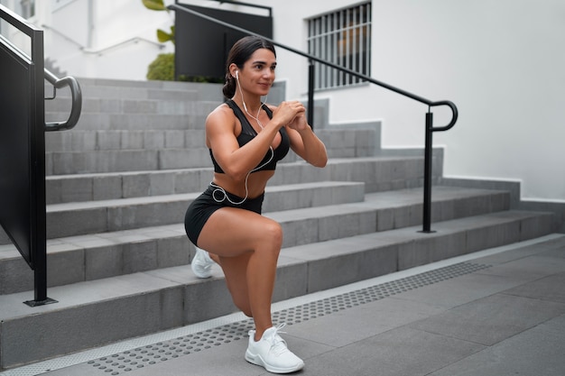 Foto grátis mulher em forma de tiro completo treinando ao ar livre