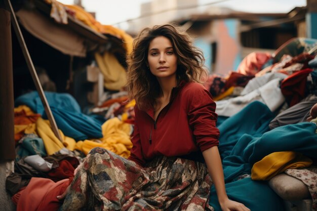 Mulher em frente a uma pilha de mercadorias de fast fashion