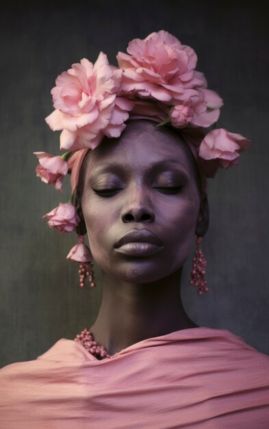 Mulher em frente posando com belas flores