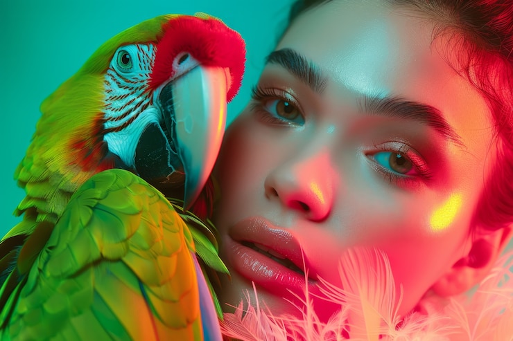 Foto grátis mulher em frente posando com um papagaio