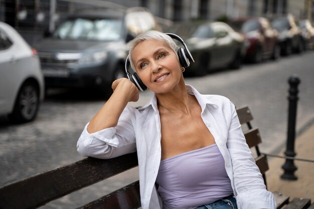 Mulher em tiro médio com fones de ouvido