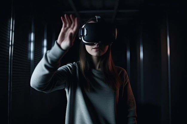 Mulher está usando fone de ouvido de realidade virtual fundo escuro conceito de tecnologia de realidade virtual ai generative