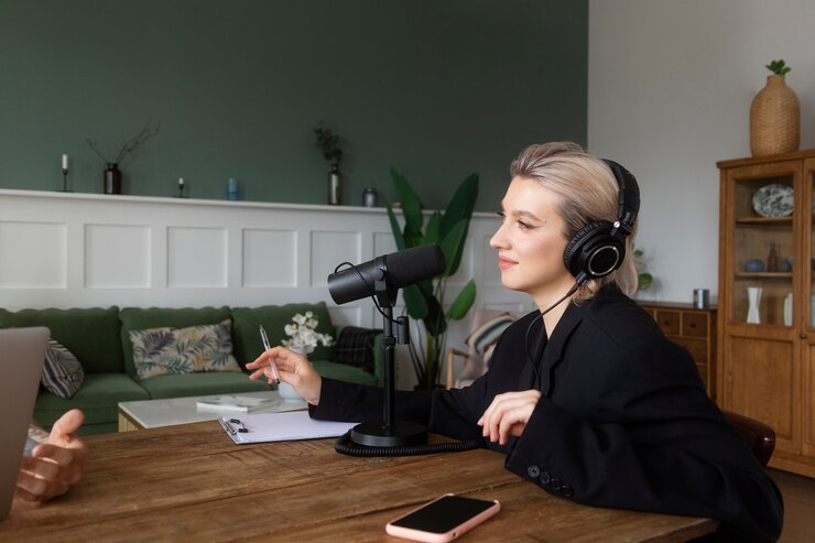 Foto grátis mulher falando na vista lateral do podcast