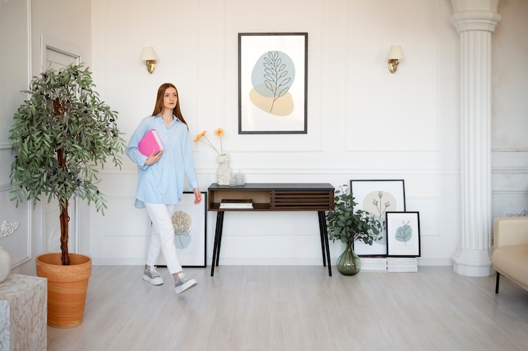 Foto grátis mulher fazendo atividades diárias em quarto decorado mínimo